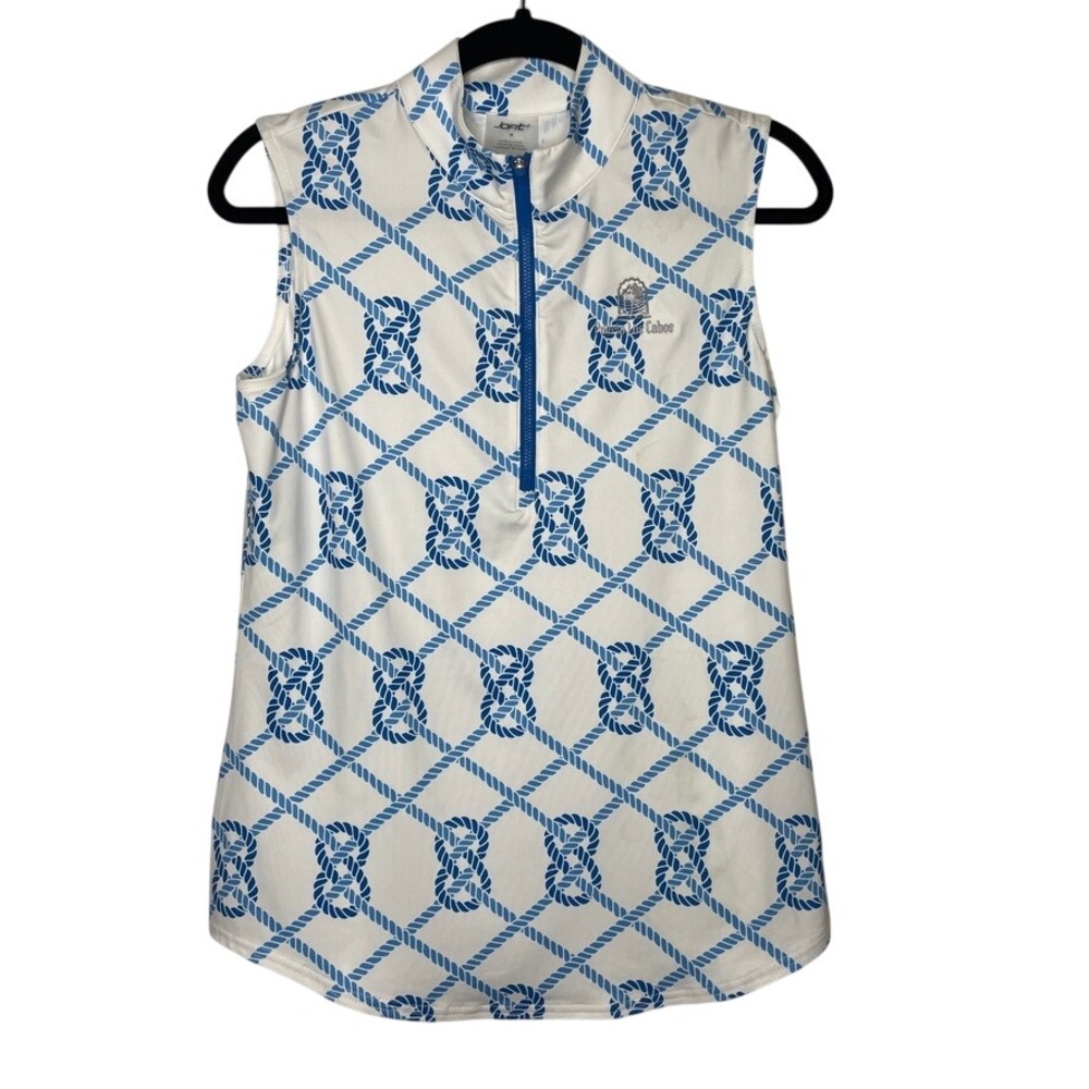 Jofit Sleeveless Mock Golf Polo Womens Medium White Blue Rope Print Preppy‎ NWT